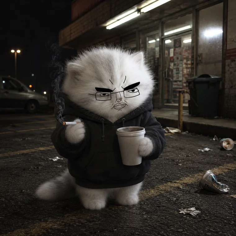 chud cat with gas station coffee
