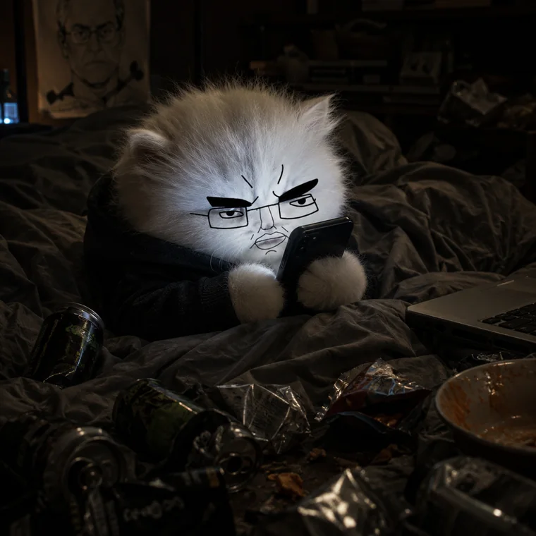 chud cat checking his phone in bed