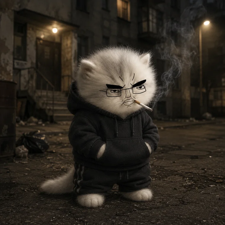 chud cat standing outside in a tracksuit